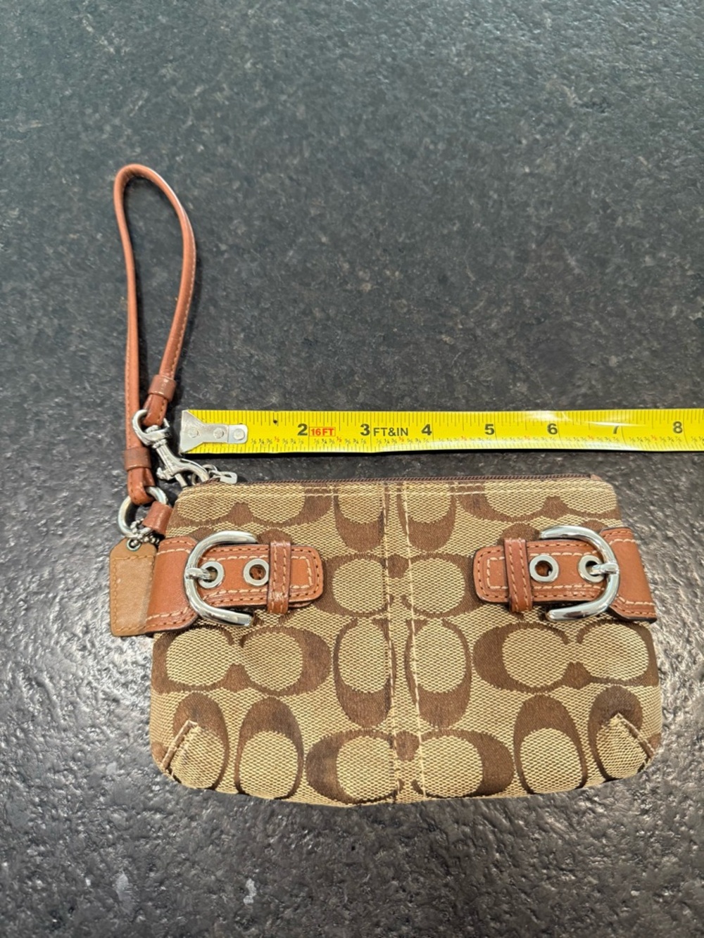 Coach Brown Signature Canvas Wristlet with Leather Trim
